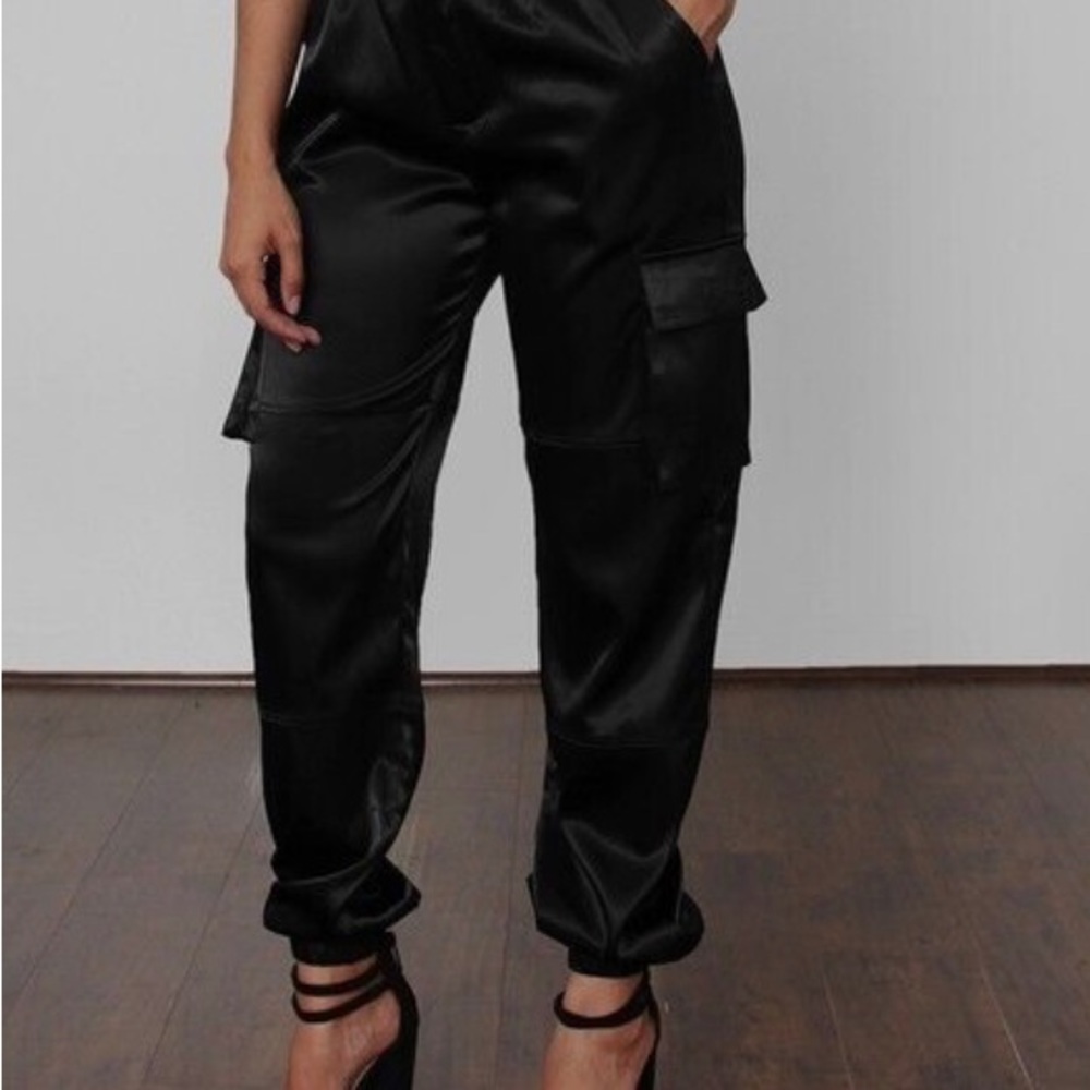 Black silk jogger cargo style pants